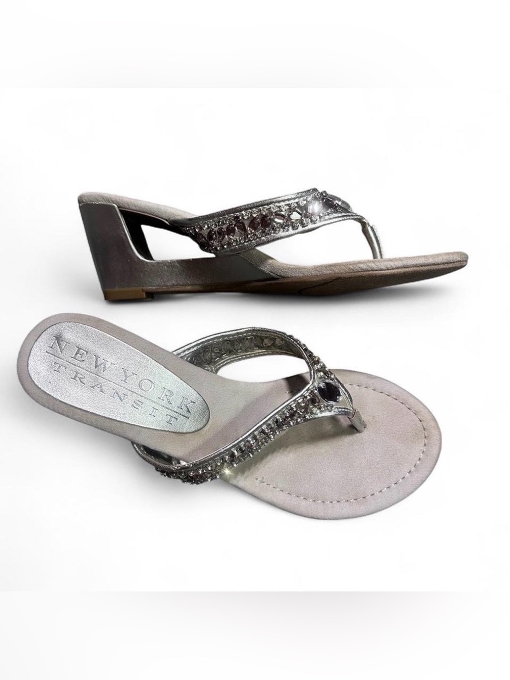Y2K 2000s Mcbling Silver Metallic Jeweled Wedge Thong Sandals New York Transit